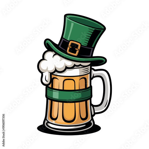 A cartoon illustration of a beer mug wearing a green top hat for St. Patrick's Day