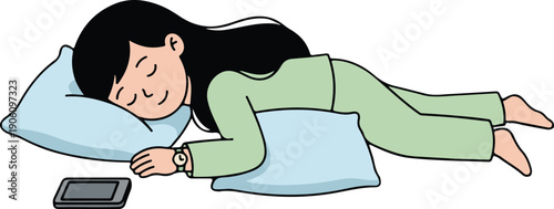 Young girl sleeping on two pillows with a phone nearby, cute minimal vector illustration