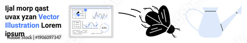 Data visualization, pest control, gardening, business analysis, environmental impact, sustainability. A dashboard, an insect in motion and a watering can. Data visualization and pest control idea