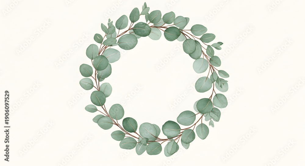 Obraz premium A circular wreath composed of eucalyptus leaves and stems set against a neutral backdrop