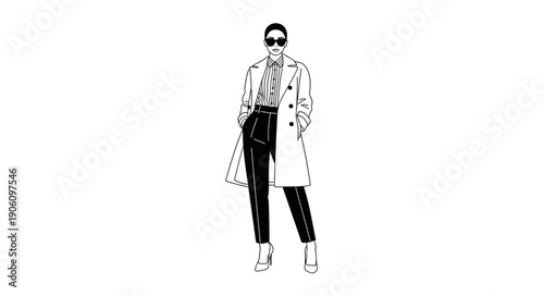 Stylish woman in trench coat and dark pants with sunglasses on white background.