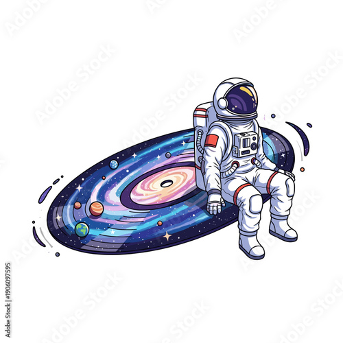 Astronaut Sitting on Galaxy Planet Illustration.