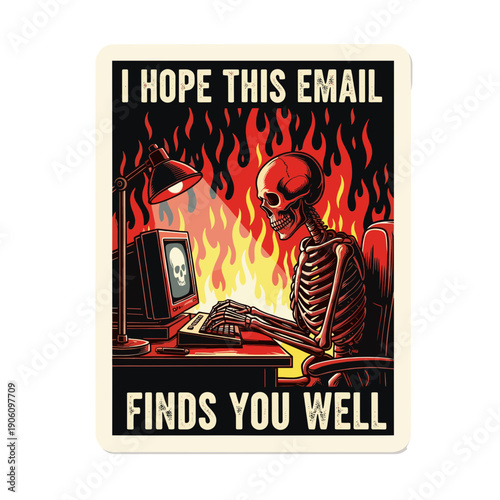 Skeleton Working on Computer with Flames 1.