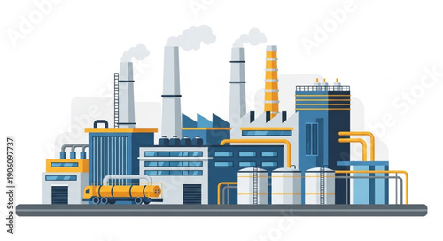 Industrial factory building with smokestacks producing smoke and pollution.