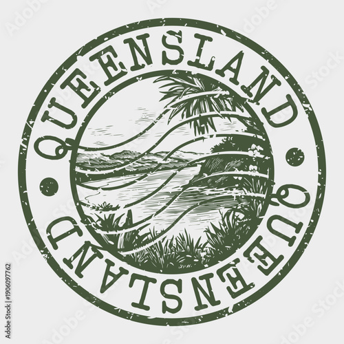 Stamp of the Queensland region of Australia, nature scene vector seal.