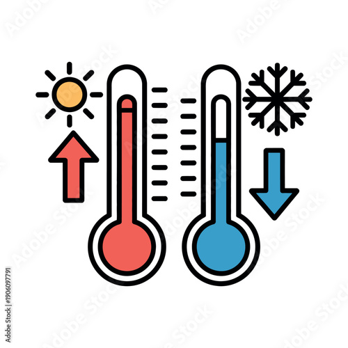 A graphic illustration of temperature extremes with thermometers and weather symbols.