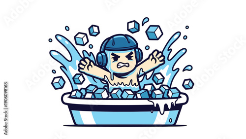 Cartoon Character in Ice Bath Splashing Water and Ice Cubes