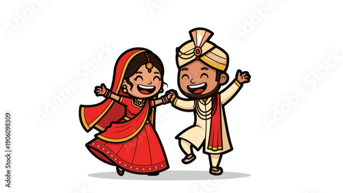 Cartoon Couple Dancing in Traditional Indian Clothing.