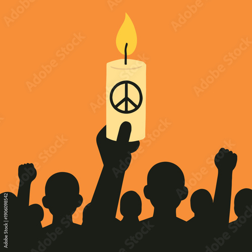 Clean illustration of candle light with peace sign and crowd silhouette, peaceful protest