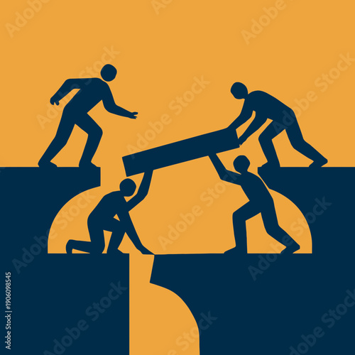 Flat vector group of figures building bridge together, action theme