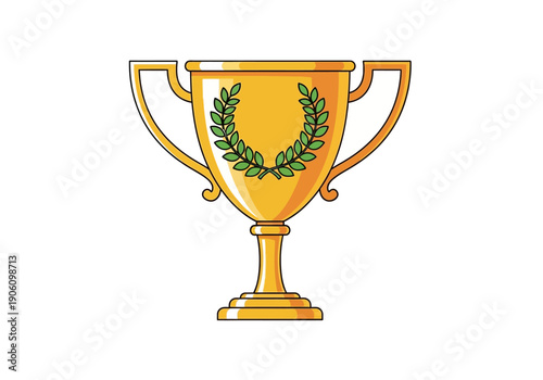 Shiny golden champion's trophy cup with a green laurel wreath. A vector illustration representing victory, achievement, and winning first prize