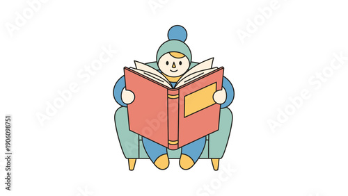 Cozy character in winter hat reading a book in a chair. Minimalist flat illustration of a warm reader.