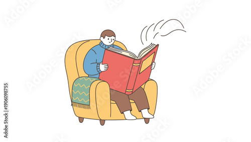 Cozy reading illustration: Person relaxing in an armchair with a book and a warm beverage