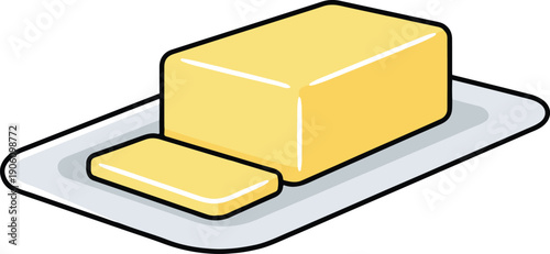 Rectangular block of yellow butter with a single slice on a white plate with bold outlines, clean minimalist vector illustration