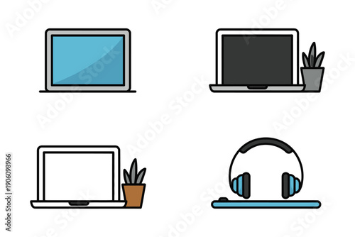 Laptop Computer and Potted Plant Illustrations