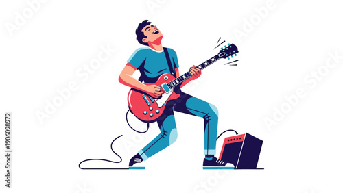 Passionate Male Guitarist Playing Electric Guitar with Amplifier - Rock Music Performance Illustration