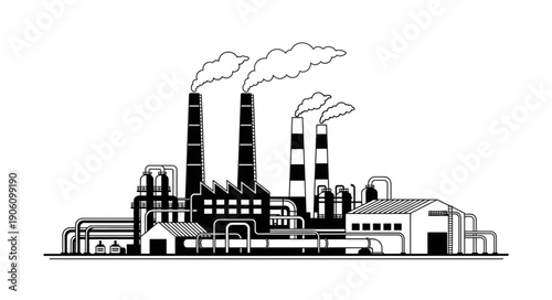 Industrial factory building with smoking chimneys producing pollution and smoke in a monochrome illustration.