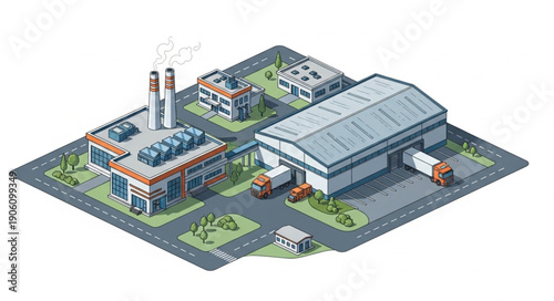 Isometric Industrial Complex with Factory Buildings and Warehouses.