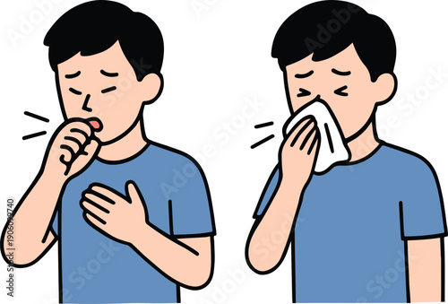 A man coughing and sneezing into a tissue, informative health-related vector illustration