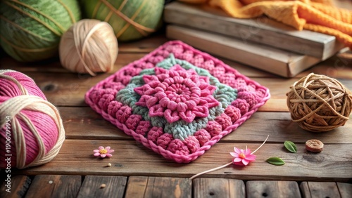 A vibrant pink crochet granny square lies artfully arranged on a worn wooden table, surrounded by natural fibers and soft textiles