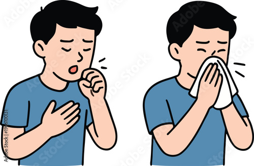 A man coughing into his fist and sneezing into a white tissue, informative medical vector illustration