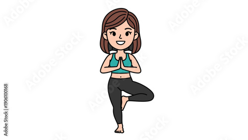 Cute cartoon woman in yoga tree pose. Fitness, balance, and mindfulness illustration.