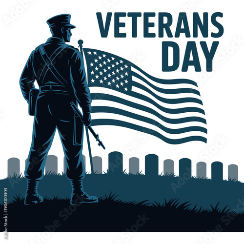 A solemn illustration of a soldier honoring fallen comrades on Veterans Day with an American flag