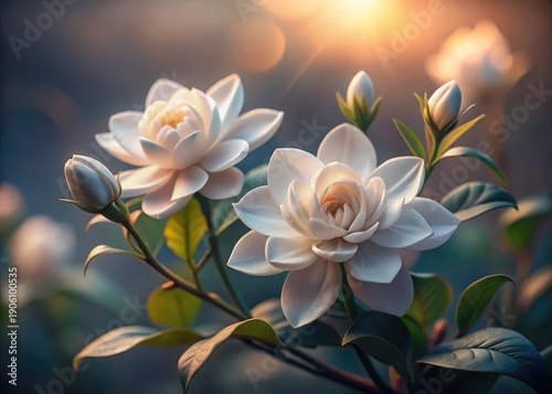 Delicate jasmine blooms unfurl their intricate petals across a soft, serene landscape
