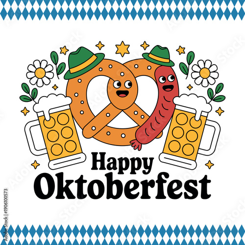A colorful illustration celebrating Oktoberfest with a pretzel, sausage, and beer