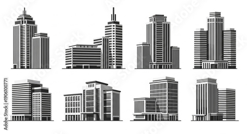 Set of modern city buildings and skyscrapers in black and white.