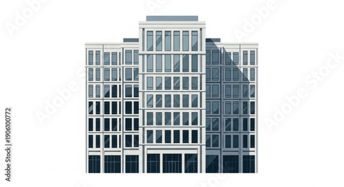 Modern Office Building Exterior with Glass Windows and Architectural Details.