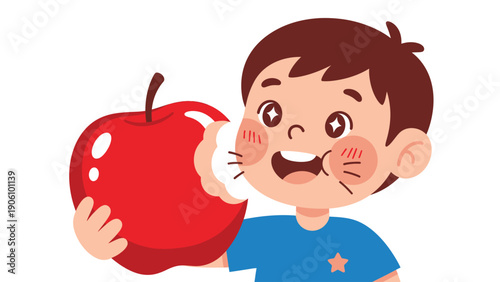 Cute cartoon boy happily eating a fresh red apple, promoting healthy food and childhood nutrition.