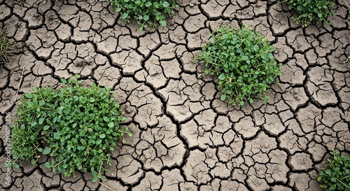 Cracked earth with sparse greenery highlighting aridity and environmental stress