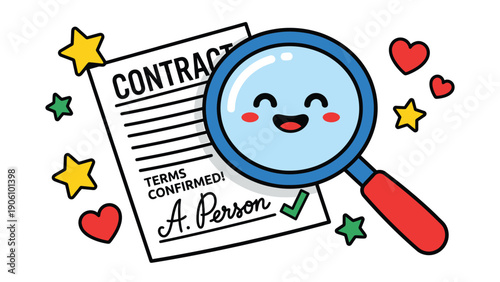 Happy Magnifying Glass Inspecting Contract Document with Confirmed Terms & Checkmark