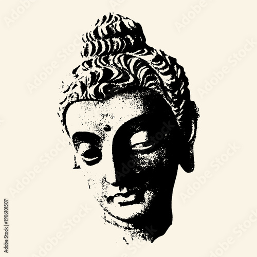 Serene Vintage Engraved Buddha Head Sculpture Illustration, Ancient Spiritual and Religious Symbolism, Buddhism Art