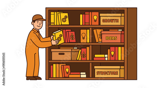 Man organizing books on a bookshelf, representing knowledge, growth, ideas, and structure. Learning and development concept.