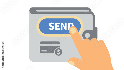 Digital Payment & Money Transfer: Hand Taps 'SEND' Button on E-Wallet Interface