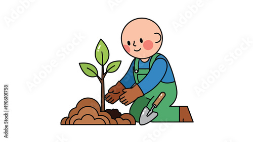 Illustration of a person planting a small tree seedling with a shovel, symbolizing gardening, nature, growth, and environmental care.