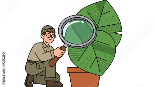 Botanist examining plant leaf with magnifying glass. Science, nature, research, and botanical study concept illustration.