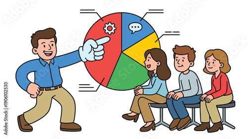 Business presenter explaining data visualization on a pie chart to an attentive audience, illustrating meeting and analysis.