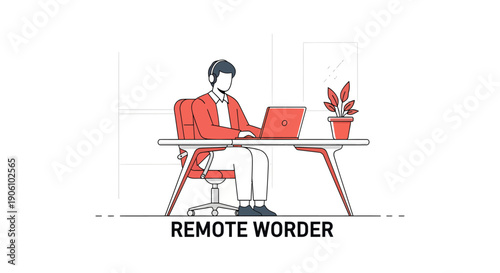Man working remotely on laptop at desk with plant.