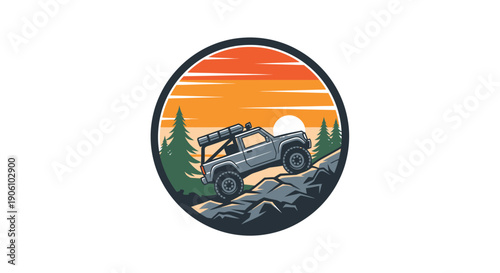 Off-road vehicle conquering rocky terrain at sunset adventure.