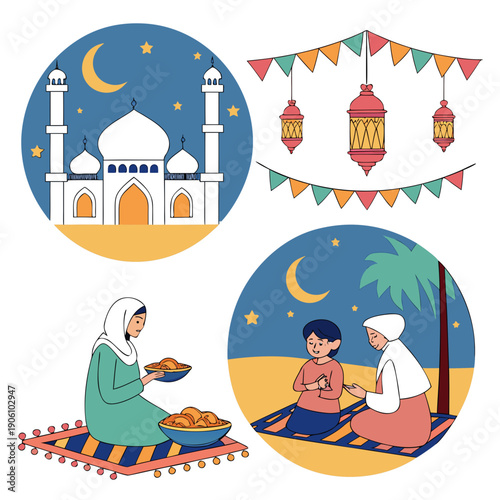 Ramadan Illustration: Festive illustrations capture the spirit of Ramadan, featuring traditional symbols and elements associated with the holy month and Islamic culture.