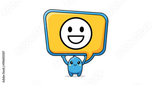 Happy blue cartoon character holding a smiley face speech bubble