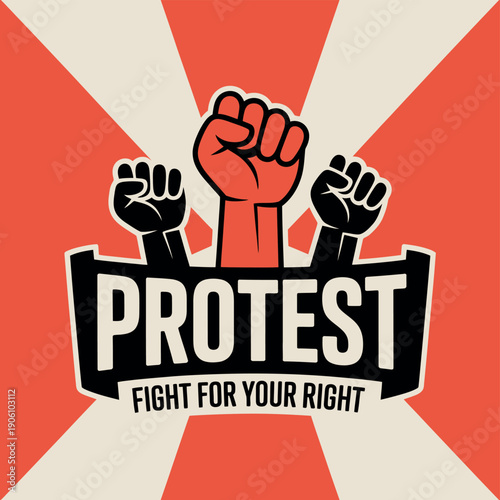 A graphic illustration of raised fists and a protest sign with the words 'Fight for your right'