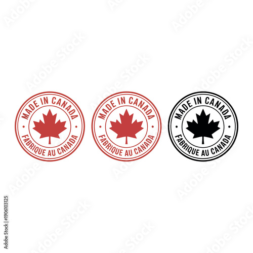 Three Made in Canada stamps with maple leaves on a white background