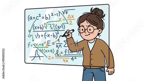 Smart Woman Solving Complex Math Equations on Whiteboard. Education, STEM, Science, and Engineering Concept Illustration.