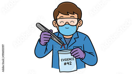 Cartoon forensic scientist collecting evidence with tweezers into an evidence bag, wearing PPE