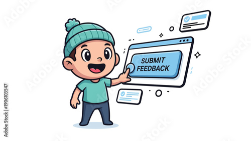 Happy Cartoon Boy Submitting Online Feedback - Digital User Experience & Review Illustration