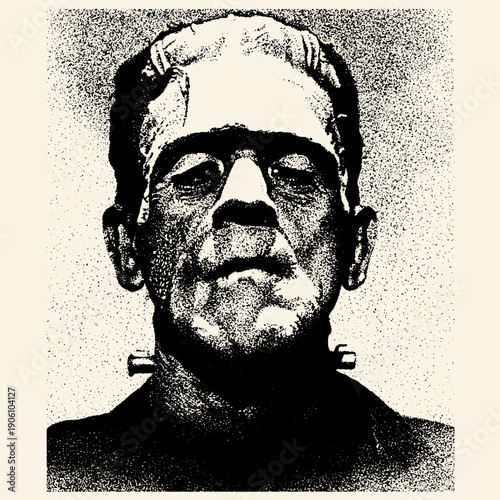 Iconic vintage portrait of Frankenstein's monster with bolts on his neck, rendered in a classic distressed black and white stippling style.